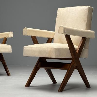 Pierre Jeanneret Pierre Jeanneret French Mid Century Modern Upholstered Arm Chairs Cowhide