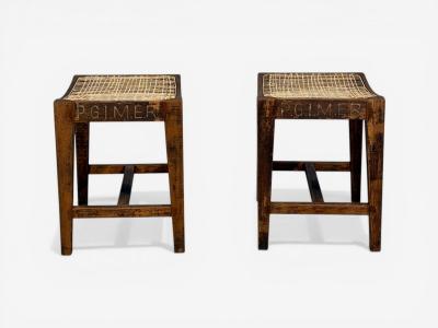 Pierre Jeanneret Pierre Jeanneret Rectangular Low Stools Teak Cane Chandigarh India 1960s