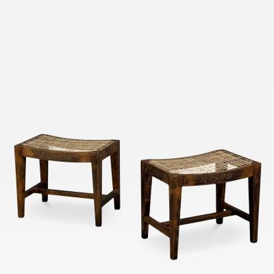 Pierre Jeanneret Pierre Jeanneret Rectangular Low Stools Teak Cane Chandigarh India 1960s