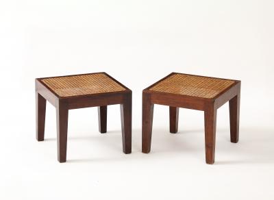 Pierre Jeanneret Pierre Jeanneret Side Teak Tables Rattan Tops Period Work France c 1940 s