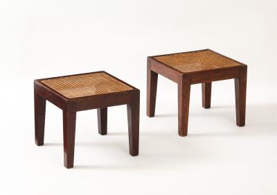 Pierre Jeanneret Pierre Jeanneret Side Teak Tables Rattan Tops Period Work France c 1940 s