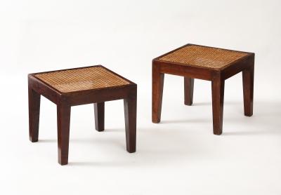 Pierre Jeanneret Pierre Jeanneret Side Teak Tables Rattan Tops Period Work France c 1940 s