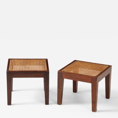 Pierre Jeanneret Pierre Jeanneret Side Teak Tables Rattan Tops Period Work France c 1940 s