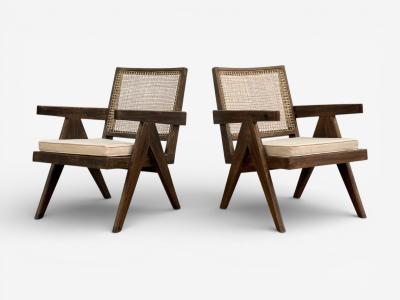 Pierre Jeanneret Pierre Jeanneret Teak Cane Low Easy Chairs Chandigarh India c 1960s