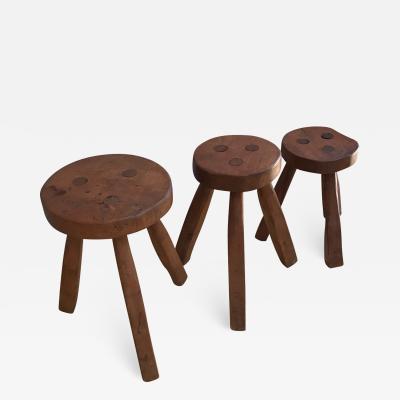 Style of Pierre JEANNERET Three Legged Round Stools Solid 