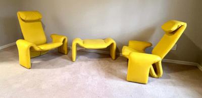 Pierre Paulin Pair of French Mid Century Modern Leather Lounge Chairs Ottoman Pierre Paulin