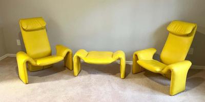 Pierre Paulin Pair of French Mid Century Modern Leather Lounge Chairs Ottoman Pierre Paulin