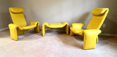 Pierre Paulin Pair of French Mid Century Modern Leather Lounge Chairs Ottoman Pierre Paulin