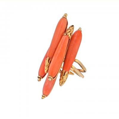 Pierre Sterl STERLE 18K YELLOW GOLD ELONGATED MULTI CORAL ESTATE RING