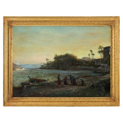 Pierre Tetar van Elven Large Orientalist painting of figures praying at the shore by Van Elven