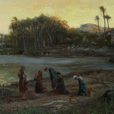 Pierre Tetar van Elven Large Orientalist painting of figures praying at the shore by Van Elven