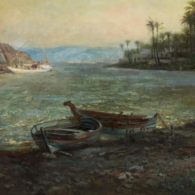 Pierre Tetar van Elven Large Orientalist painting of figures praying at the shore by Van Elven