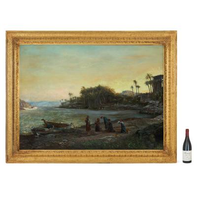 Pierre Tetar van Elven Large Orientalist painting of figures praying at the shore by Van Elven