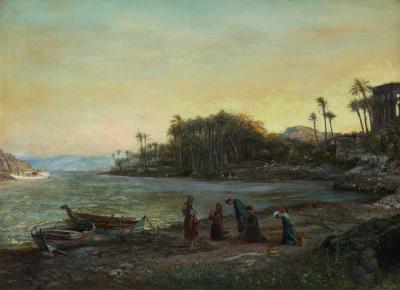 Pierre Tetar van Elven Large Orientalist painting of figures praying at the shore by Van Elven