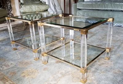 Pierre Vandel 1970S SIGNED PIERRE VANDEL LUCITE GILDED METAL END TABLES PAIR