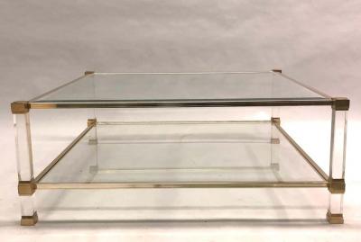 Pierre Vandel Large Square French Midcentury Double Tier Lucite and Brass Coffee Table Vandel
