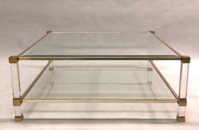 Pierre Vandel Large Square French Midcentury Double Tier Lucite and Brass Coffee Table Vandel