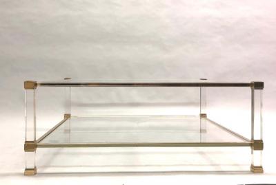 Pierre Vandel Large Square French Midcentury Double Tier Lucite and Brass Coffee Table Vandel