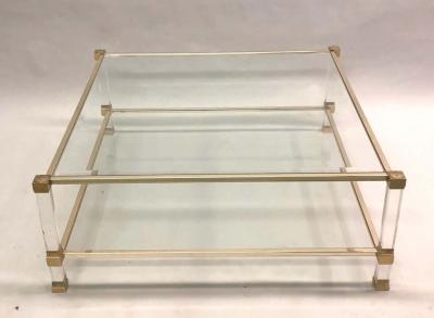 Pierre Vandel Large Square French Midcentury Double Tier Lucite and Brass Coffee Table Vandel