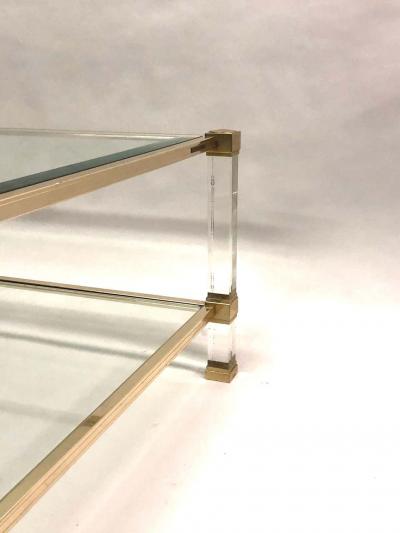 Pierre Vandel Large Square French Midcentury Double Tier Lucite and Brass Coffee Table Vandel