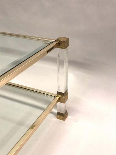 Pierre Vandel Large Square French Midcentury Double Tier Lucite and Brass Coffee Table Vandel