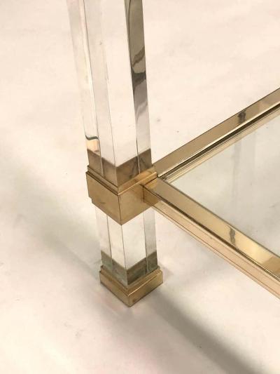 Pierre Vandel Large Square French Midcentury Double Tier Lucite and Brass Coffee Table Vandel