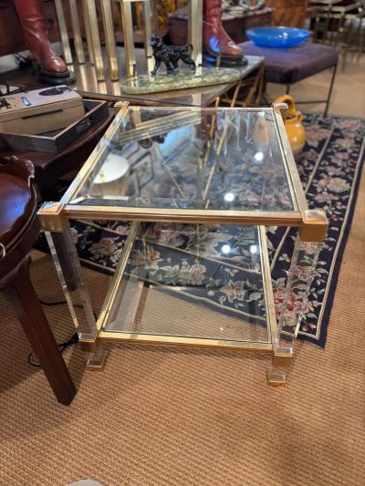 Pierre Vandel Pair of Pierre Vandel Lucite and Gilded Metal with Beveled Glass Side Tables