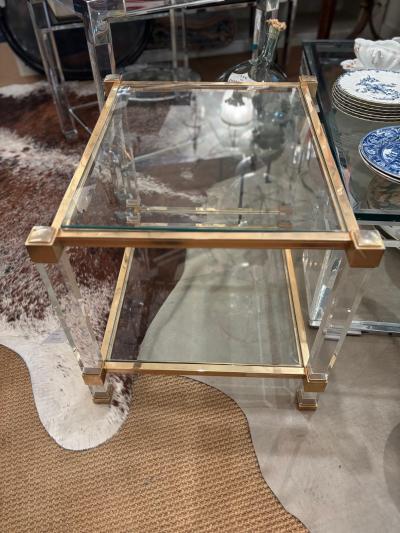 Pierre Vandel Pair of Pierre Vandel Lucite and Gilded Metal with Beveled Glass Side Tables