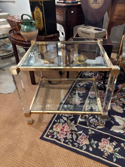 Pierre Vandel Pair of Pierre Vandel Lucite and Gilded Metal with Beveled Glass Side Tables