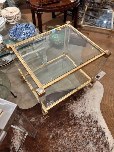 Pierre Vandel Pair of Pierre Vandel Lucite and Gilded Metal with Beveled Glass Side Tables