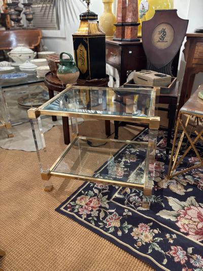 Pierre Vandel Pair of Pierre Vandel Lucite and Gilded Metal with Beveled Glass Side Tables