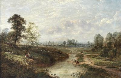 Pieter Hendrik Koekkoek Hillside landscape depicting figures near a stream