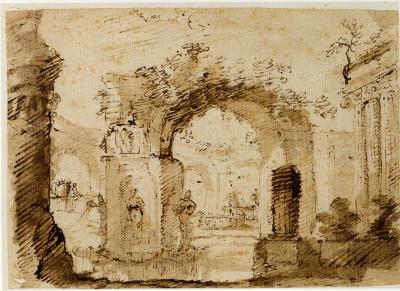 Pietro Brancaleone A Landscape with Temple and Ancient Ruins