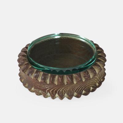 Pietro Chiesa Carved Round Wood Box with Glass Top Attributed to Pietro Chiesa