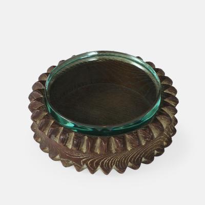 Pietro Chiesa Carved Round Wood Box with Glass Top Attributed to Pietro Chiesa