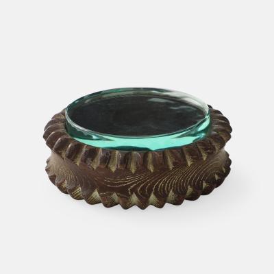 Pietro Chiesa Carved Round Wood Box with Glass Top Attributed to Pietro Chiesa