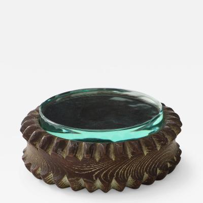 Pietro Chiesa Carved Round Wood Box with Glass Top Attributed to Pietro Chiesa