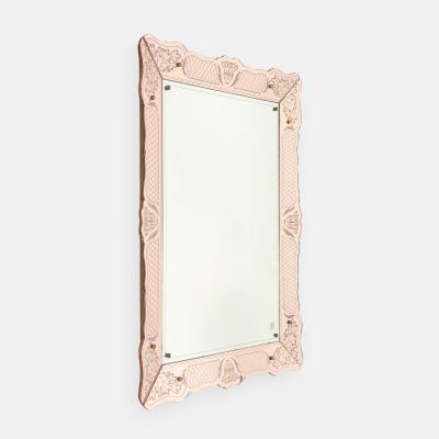 Pietro Chiesa Rare Rectangular Pink Rose Etched Glass Mirror by Pietro Chiesa