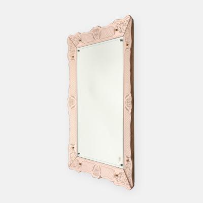Pietro Chiesa Rare Rectangular Pink Rose Etched Glass Mirror by Pietro Chiesa