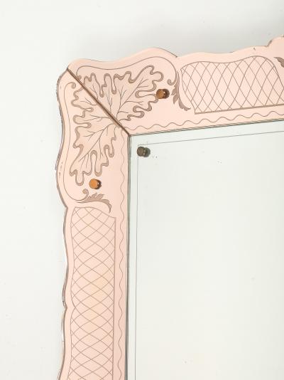 Pietro Chiesa Rare Rectangular Pink Rose Etched Glass Mirror by Pietro Chiesa