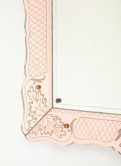 Pietro Chiesa Rare Rectangular Pink Rose Etched Glass Mirror by Pietro Chiesa
