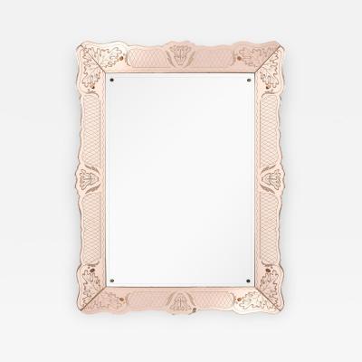 Pietro Chiesa Rare Rectangular Pink Rose Etched Glass Mirror by Pietro Chiesa