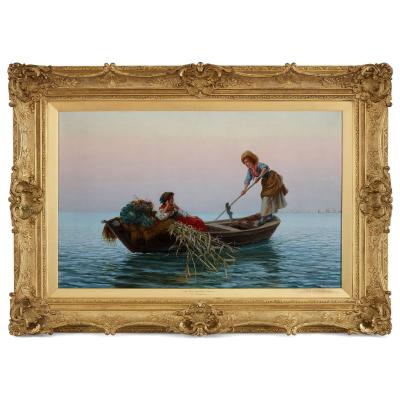 Pietro Gabrini Large Italian oil painting by Gabrini entitled On the Lagoons Venice 
