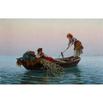 Pietro Gabrini Large Italian oil painting by Gabrini entitled On the Lagoons Venice 