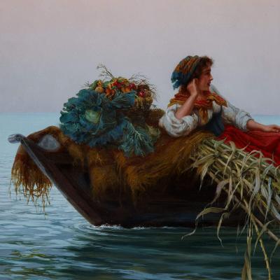 Pietro Gabrini Large Italian oil painting by Gabrini entitled On the Lagoons Venice 