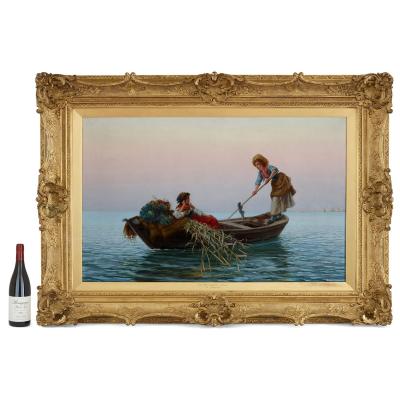 Pietro Gabrini Large Italian oil painting by Gabrini entitled On the Lagoons Venice 