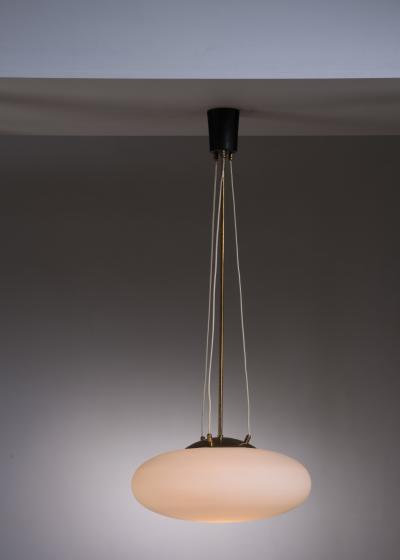 Pill Shaped Opaline Glass and Brass Pendant Italy 1950s
