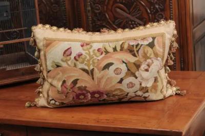 Pillow Made from a 19th Century French Tapestry with Floral D cor and Tassels