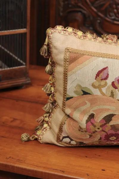 Pillow Made from a 19th Century French Tapestry with Floral D cor and Tassels