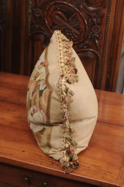 Pillow Made from a 19th Century French Tapestry with Floral D cor and Tassels